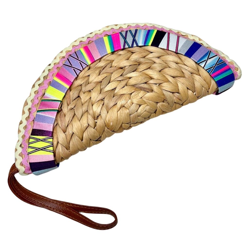 Le Pom Pom NEW Woven Basket Clutch Purse Colorful Trim Ric Rac